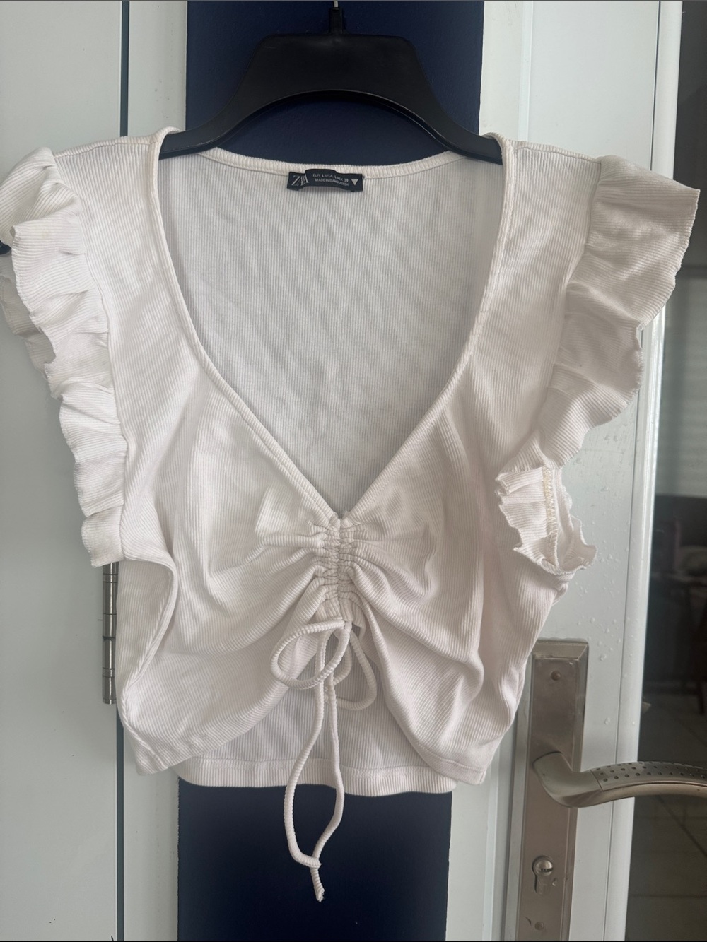 Zara Cream Ruffle-Sleeve Drawstring V-Neck Crop Top